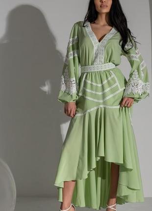Полная 100% предоплата! платье женское миди, дизайнерское, нарядное, с кружевом, салатовое1 фото