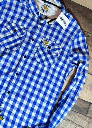 Мужская элегантная приталиная хлопоковая  винтажная  рубашка superdry casual  в синем в клетку размер м5 фото