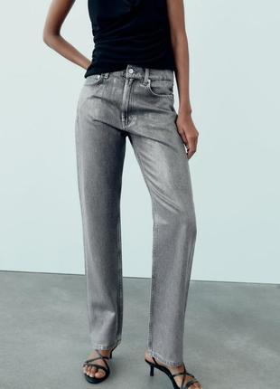 Джинси zara straight mid-rise jeans with foil detail прямі рівні металізовані середня посадка2 фото