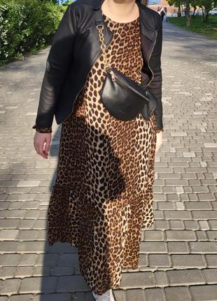 Платье сукня в пол леопард свободное трапеция весна осень легкое длинный рукав