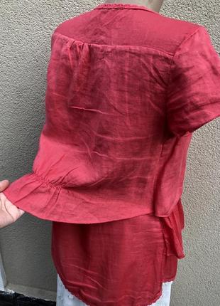 Червона льон блуза,сорочка,туніка,мереживо,рюші,волани,етно стиль бохо.8 фото
