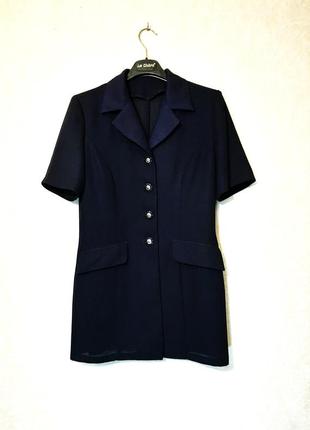 Удлинённая блуза женская / жакет летний нарядный синий с короткими рукавами иммитация карманов