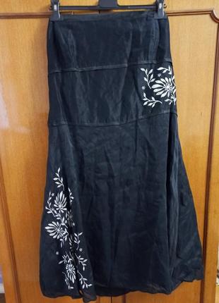 Красивое черное платье monsoon с открытыми плечами  лен с шелком вышивка корсет большой размер