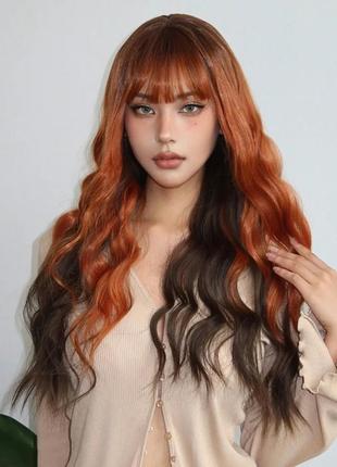 Шикарный длинный парик волнистый рыжий черный двухцветный с челкой кучерявый3 фото