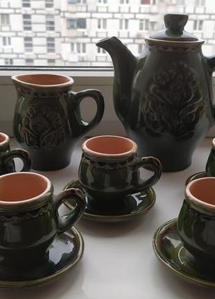 Винтажный зеленый керамический кофейный чайный сервиз времен ссср ретро раритет советский