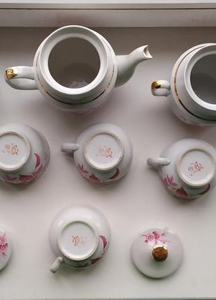 Винтажный белый розовый чайный сервиз довбыш времен ссср ретро фарфоровый керамический4 фото