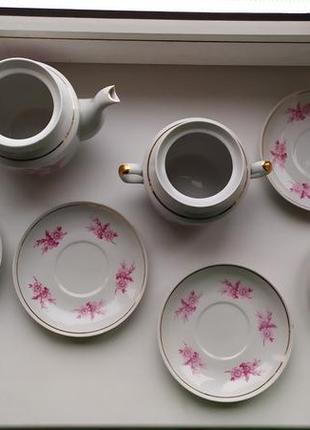 Винтажный белый розовый чайный сервиз довбыш времен ссср ретро фарфоровый керамический2 фото