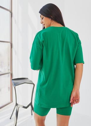 Костюм-двійка жіночий бавовняний, футболка оверсайз подовжена, шорти — велосипедки, батал, зелений5 фото