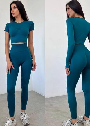 Фітнес комплект трійка пуш ап. рашгард кроп топ лосіни пуш ап з утяжкою . костюм три в одному для спорту