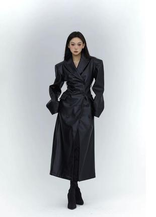 Кожаное пальто длинное черное mugler balenciaga miu miu style