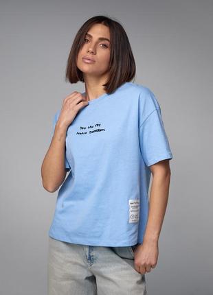 Женская хлопковая футболка с вышитой надписью - голубой цвет, s (есть размеры)7 фото