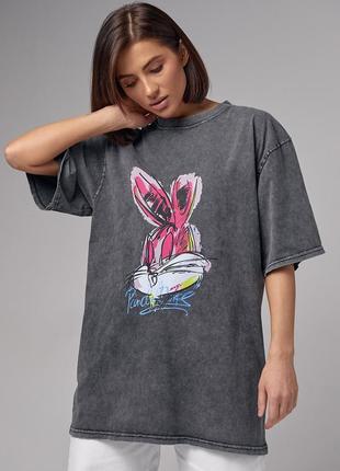 Трикотажная футболка тай-дай с принтом bugs bunny - темно-серый цвет, l (есть размеры)