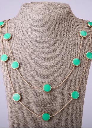 Колье на длинных цепочках зеленая "монетка" l-66-70см
