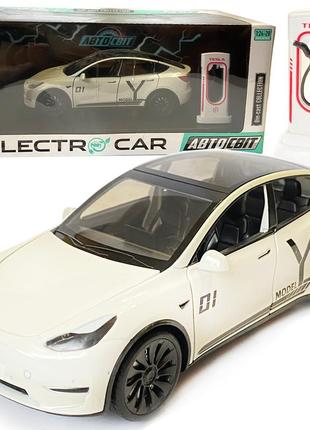 Машинка металева tesla model y electrocar тесла модель y електрокар біла 1:24 зарядна станція звук світло відч двері капот