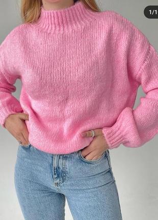 Розовый барби свитер под горло с длинным рукавом вязаный оверсайз свободный