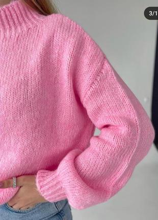 Рожевий барбі светр під горло з довгим рукавом в'язаний оверсайз вільний2 фото
