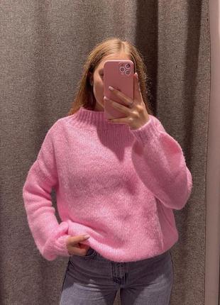 Розовый барби свитер под горло с длинным рукавом вязаный оверсайз свободный4 фото
