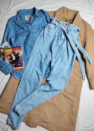 New look джинсы голубые с поясом на резинке мом базовые повседневные5 фото