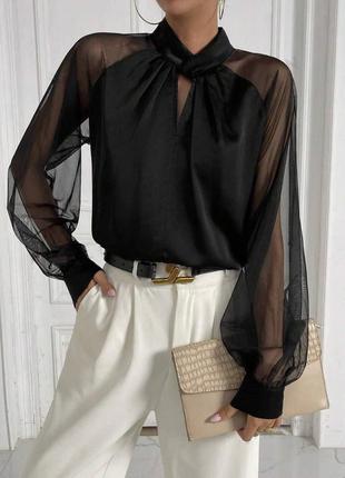 Красивая шелковая блузка с прозрачными рукавами из сетки шелк армани 🔥1 фото