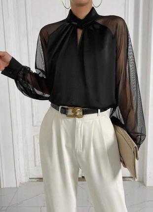 Красивая шелковая блузка с прозрачными рукавами из сетки шелк армани 🔥2 фото
