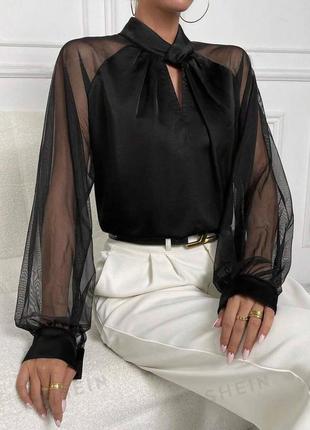 Красивая шелковая блузка с прозрачными рукавами из сетки шелк армани 🔥4 фото