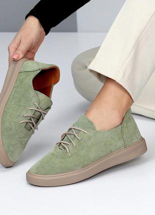 Оливковые деми замшевые туфли на шнуровке натуральная замша низкий ход 190234 фото