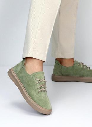 Оливковые деми замшевые туфли на шнуровке натуральная замша низкий ход 190237 фото