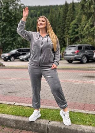 Костюм батал кофта на молнии с капюшоном карманы кенгуру рукав и низ манжет штаны на резинке с карманами ткань велюр спорт