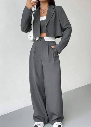 Брючный костюм тройка 3-ка с брюками брюками палаццо с укороченным жакетом с топом6 фото