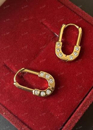 Женские позолоченные серьги-кольца (конго) xuping позолота 18к с белыми камнями замочки.6 фото