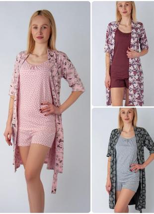 Комплект тройка женский домашний шортики, топ и халат, пижама женская майка и шорты с халатом1 фото