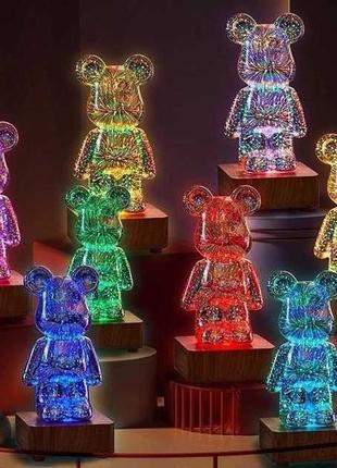 3d ночник стеклянный с эффектом фейерверка в виде мишки rgb bearbrick led светильник-лампа на 8 к2 фото