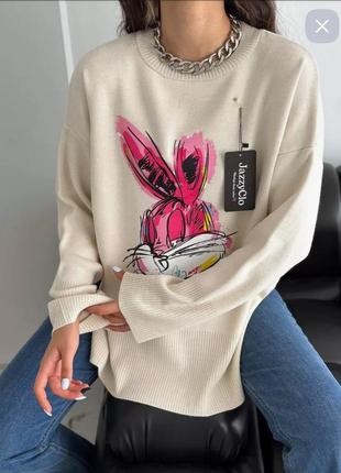 Накладной платеж ❤ 50% хлопок оверсайз свитер мирер удлиненный с принтом заяц багс банни1 фото
