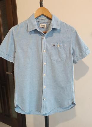 Голубая натуральная рубашка с коротким рукавом, лен+ хлопок