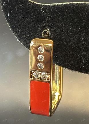 Женские серьги-кольца (конго) xuping позолоченные 18к с камнями и красной эмалью3 фото