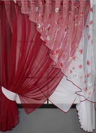 Комплект штор на кухню (300х170см) з підв'язками. колір червоний з білим