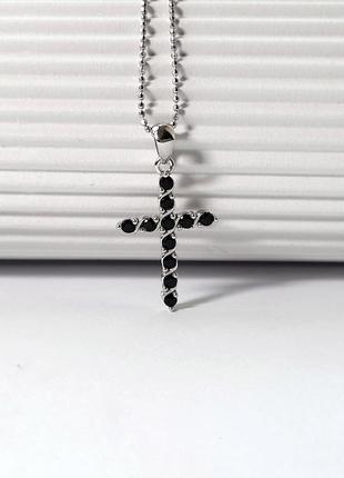 Срібний прямий хрестик хрест із чорним камінням срібло 925 проби родоване 988ф2 1.07г4 фото