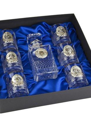 Премиальный набор бокалов для виски "гербовый с казаками" boss crystal, 6 бокалов и графин1 фото