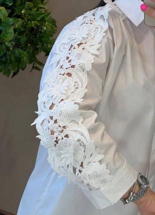 Накладной платеж ❤ хлопковая блузка рубашка удлиненная оверсайз с кружевом на рукавах2 фото
