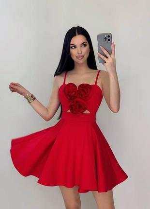 Красное романтичное мини платье на бретелях с розами xs s m l xl xxl ⚜️ вечернее эксклюзивное короткое платье с розами 40 42 44 46 48 50