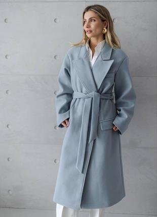 Блакитне преміальне пальто на запах 40 42 44 46 48 50 52 кашемірове пальто міді xxs xs s m l xl xxl