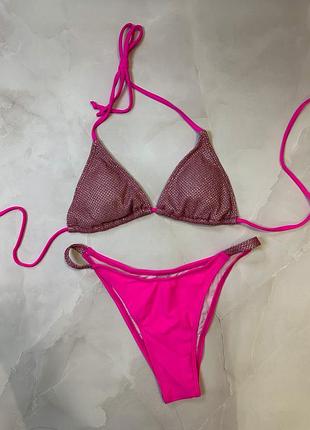 Купальник білий рожевий неон трикутник чашками шторки з блискітками стразами плавки бразиліана