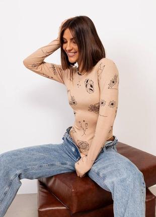 Женский стильный боди тату с длинным рукавом 42/44 бежевый7 фото
