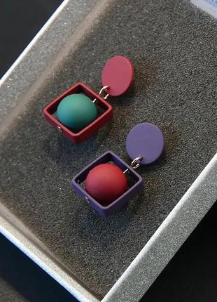 Модні сережки круглі сережки квадрат з різнокольорові асиметричні сережки стильні4 фото