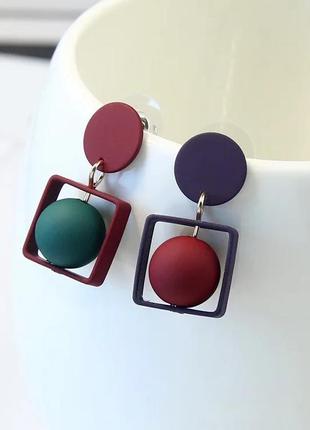 Модные серьги круглые серьги квадрат с шаром разноцветные ассиметричные сережки стильные