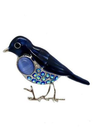 🔺🐦💎 брошь-кулон "синяя птица" натуральный камень кошачий глаз, эмаль, кристаллы