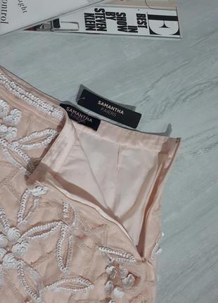 Розовая мини юбка вышита бисером, пайетками samantha faiers/пудровая юбка/ вышивка бисером9 фото