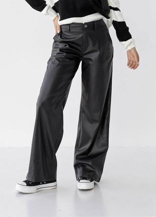 Кожаные брюки палаццо на высокой посадке брюки свободного кроя широкие прямые из искусственной эко кожи стильные базовые черные