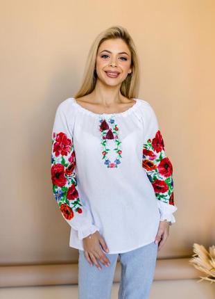 Вышиванка женская на домотканом полотне "макове полум"я" s-2xl рр