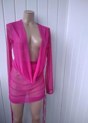 Розовый пляжный костюм барби сетка парео9 фото